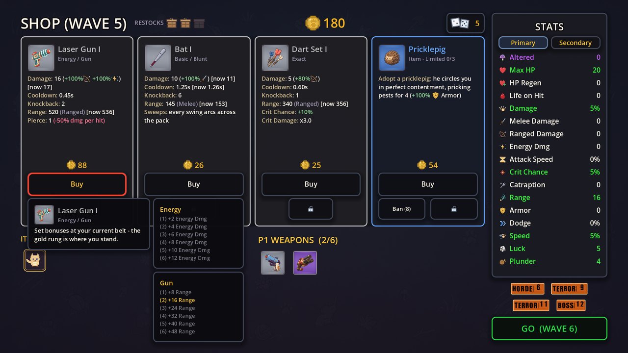 The shop between waves: every card shows its real math.