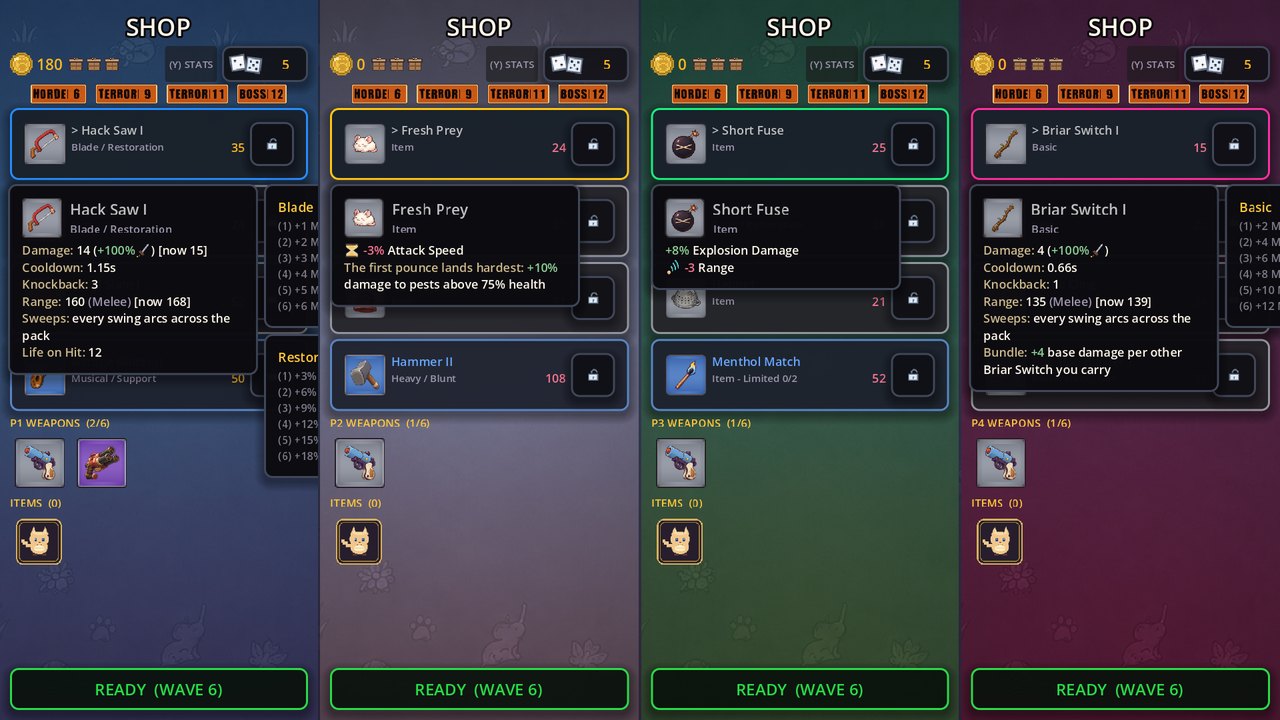 Four-player couch co-op: the shop splits into four strips.